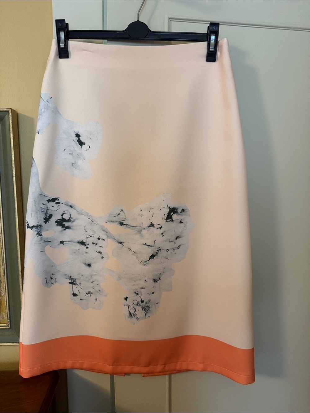 Zara Peach Pencil Skirt with Coral Hem and Abstract Print